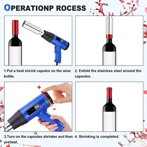 Heavy Duty 50Mm PVC Capsule Heat Shrink Gun With Digital Display And Adjustable Speed Control in use with wine bottle sealing steps.