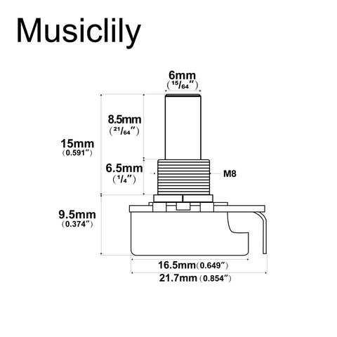 Diagram showing dimensions of Mini Potentiometers 6mm Short Shaft 6.5mm Audio Linear Taper For Telecaster PB JB Style