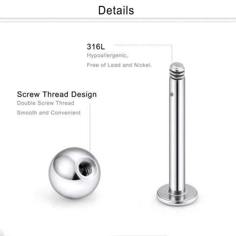 15Pcs 20G Stainless Steel Lip Rings Labret Studs Piercing Jewelry Set With 6mm Bar Length And Externally Threaded Ball Tops For Monroe Tragus Helix Cartilage Earrings Silvertone For Women Men, 316L screw thread detail