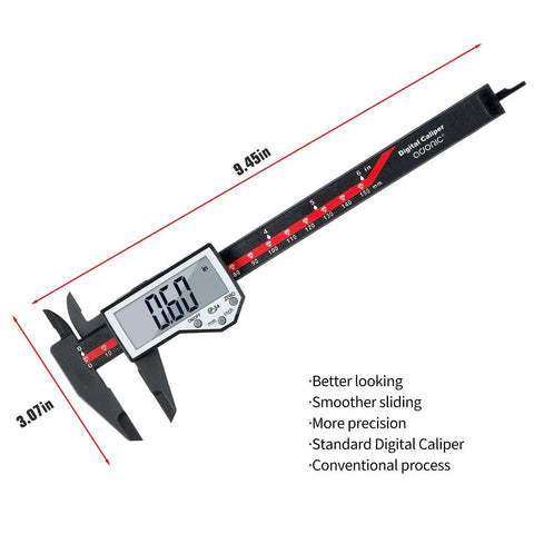 Six Inch Digital Caliper With Auto Off And Large LCD Screen Inch Millimeter Conversion Measures Length Depth Inner Outer Diameter 0.01 Inch Resolution And Plus Minus 0.2 mm Accuracy Carbon Fiber Build For Jewelry And Antique Projects front view