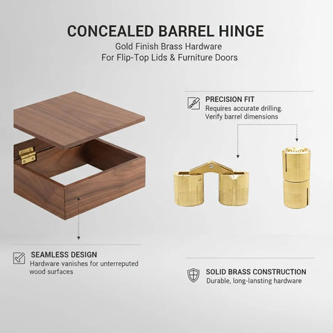 Gold Finish Concealed Barrel Hinge For Woodworking Stealthy Inset Mount Hidden Cabinet Hinge For Flip Top Boxes
