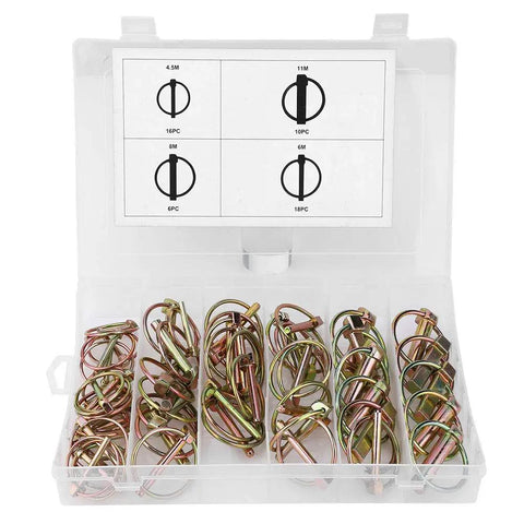50-Piece Pin Clip Hairpin Kit With 65Mn Spring Steel Yellow Zinc Plated Heavy-Duty Fasteners In A Plastic Storage Box Open View