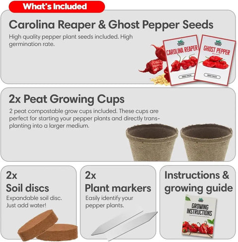 Reaper Ghost Pepper All In One Starter Grow Kit With Seeds And Growing Supplies For Beginners Includes Bhut Jolokia Seeds, Peat Cups