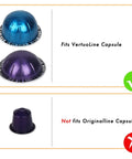 Top: Fits VertuoLine capsule, blue and purple pods. Bottom: Not for OriginalLine capsule, single purple pod with red X. Reusable Aluminum Foil Seals Kit For Nespresso VertuoLine Capsules With 80 Lids, Holder, Brush And Scoop, Quick Refill In Under 60 Seconds, Durable Food Grade Aluminum, Eco Friendly And Easy Home Barista Upgrade