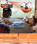 Camping Fan With 20000mAh Battery And LED Lantern hanging above a sleeping man in a tent, ultra quiet, black and orange design.