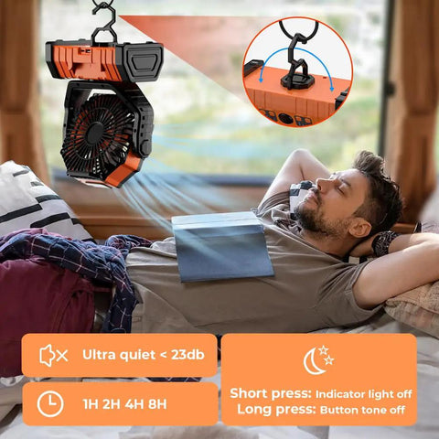 Camping Fan With 20000mAh Battery And LED Lantern hanging above a sleeping man in a tent, ultra quiet, black and orange design.