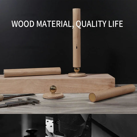 Cordless Beech Wood 360 Degree Rotatable LED Wall Lamp Sconces Set with Magnetic Mounts Battery Operated on wooden surface