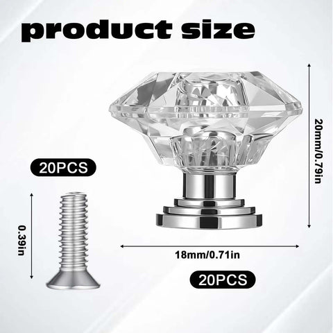 20 Pack Crystal Cabinet Knobs for Cabinets and Drawers, Diamond Shaped Silver Pull Handles with Screws, 30mm Diameter Glass Crystal Knob