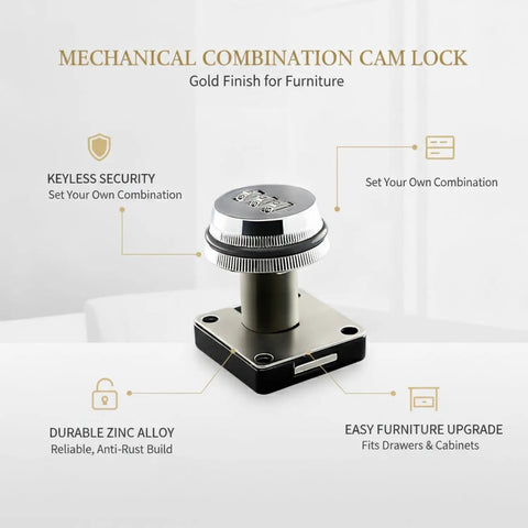 Keyless Mechanical Cam Lock In Gold Zinc Alloy For Drawers And Cabinets 1 Pack shown with combination dial and mounting base.