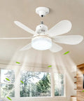 40W Small Ceiling Fan with Lights, Remote, 3 Color Temps, 520mm White installed in a living room with light beams.