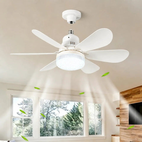 40W Small Ceiling Fan with Lights, Remote, 3 Color Temps, 520mm White installed in a living room with light beams.