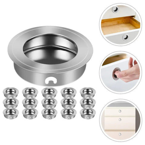 16 Piece Stainless Steel Recessed Round Drawer Pulls Set For Wardrobes And Dressers with hidden hardware shown in use.