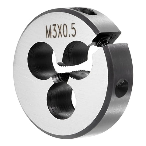 Side view of M3 X 0.5mm Round Threading Die For Metric Right Hand Threads, alloy steel cutter for mild steel, copper, and aluminum