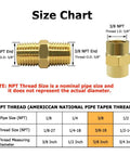 Size chart for 12 Piece Brass Pipe Fittings Set 3/8 In NPT Male And Female Hex Nipples Couplers, thread measurements included.