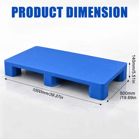 Image of Beefy Heavy-Duty Plastic Pallet for Basement and Garage Storage HDPE Stackable Floor Pad With 2000 Lbs Capacity, dimensions shown.