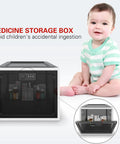 Large Capacity Medication Lock Box With Code Lock For Fridge Or Cabinet Safe Storage next to a child, keeping meds secure.