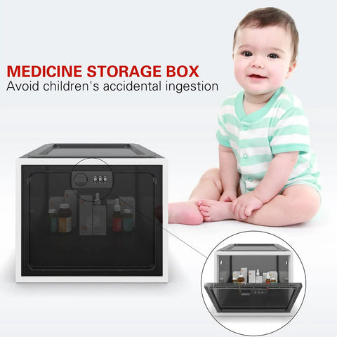 Large Capacity Medication Lock Box With Code Lock For Fridge Or Cabinet Safe Storage next to a child, keeping meds secure.