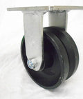 Side view of a 5x2 inch rigid caster with a 7/8 inch V-groove iron steel wheel; black wheel on a silver mounting yoke