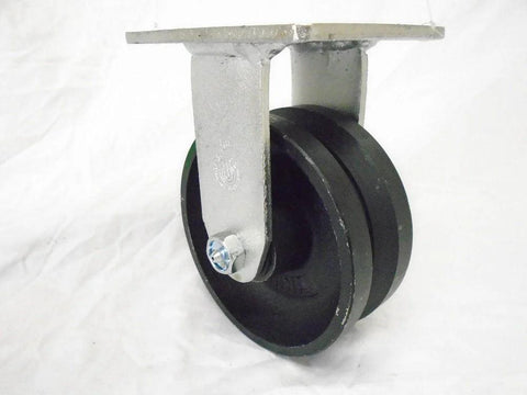 Side view of a 5x2 inch rigid caster with a 7/8 inch V-groove iron steel wheel; black wheel on a silver mounting yoke