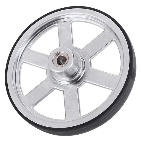 Beefy 90mm industrial robot wheel with built-in D type steel shaft hub for DIY robots, metal wheel with rubber tread.