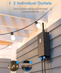 Two Independent Outlets Smart Outdoor Plug With WiFi And Weatherproof IP44 mounted on a patio wall with string lights.