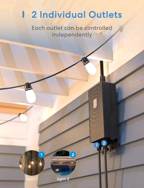 Two Independent Outlets Smart Outdoor Plug With WiFi And Weatherproof IP44 mounted on a patio wall with string lights.