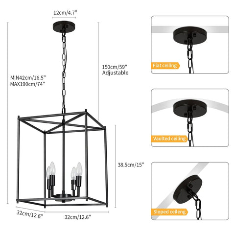 Dimensions and adjustable feature of Black 4-Light Farmhouse Chandelier Pendant Light For Dining Room Hallway Kitchen Island Living Room Bedroom, Adjustable Lantern Fixture, 12.6-Inch Lit Lantern Pendant