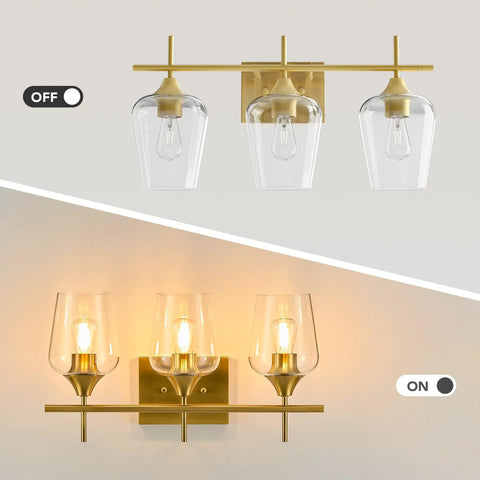 Three Light Vanity Light With Clear Glass Shades In Modern Gold Finish For Bathroom Over Mirror Contemporary Wall Lamp shown on and off