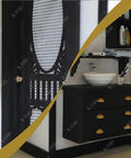 Top Tier 1/12 Scale Dollhouse Accessories Kit With Legit 700 Pieces Of Mini Knobs Hinges Handles And Locks Plus Screws And Screwdriver For Pretty Dang Cool Furniture Fixes And Sweet Tiny Craft Projects, showcasing a black door and vanity.