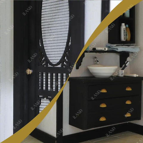 Top Tier 1/12 Scale Dollhouse Accessories Kit With Legit 700 Pieces Of Mini Knobs Hinges Handles And Locks Plus Screws And Screwdriver For Pretty Dang Cool Furniture Fixes And Sweet Tiny Craft Projects, showcasing a black door and vanity.