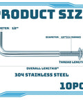 Galvanized J Bolt Anchor Set, 10 Pieces With Nuts And Washers, Concrete Fasteners For Foundation Walls, Slabs And Brick Projects, Gray Finish, 1/2-13 By 8 Inches, Durable Post And Sill Anchors For Outdoor And Indoor Construction, showing dimensions and stainless steel material details.