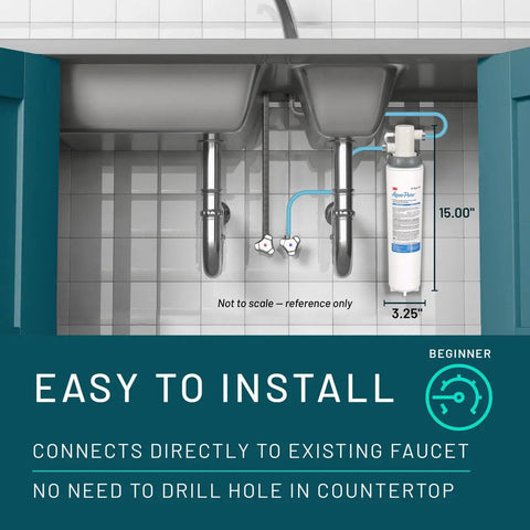 Under Sink Full Flow Water Filter System Cyst FF installed under sink, showing connections to existing faucet, easy to install.