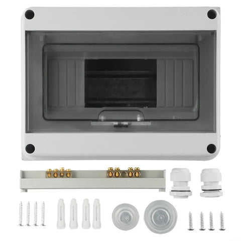 Solid As A Rock Surface Mount Distribution Box With Ip65 Waterproof Abs Housing For Outdoor Pool Villa Charging Built Tough rear view with accessories.