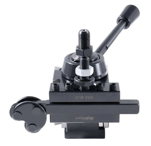 Front view of an 11 Piece AXA Wedge Type Quick Change Lathe Tool Post Set for 6 to 12 Inch Swing, showing pro-grade steel construction.