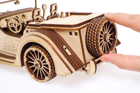 Roadster 3D Wooden Car Kit For Adults, DIY Mechanical Model With Transmission, Plywood Build, Real Working Gear System, Hands-On STEM Toy, Perfect Gift For Car Enthusiasts And Builders, Vintage Style Craft Project, rear view