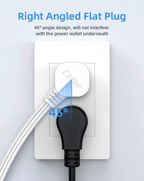 Flat Plug Extension Cord With 3 Outlets For Indoor Use, Low Profile White 3 Ft Power Strip With 3 Prongs Grounded, 16/3 AWG
