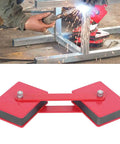 Heavy Duty Welding Magnet Holder Clamps Multi Angle Positioner Locator Tool For Electric Scribing Pipe Fabrication And Industrial Jobsites, red steel clamp in use.