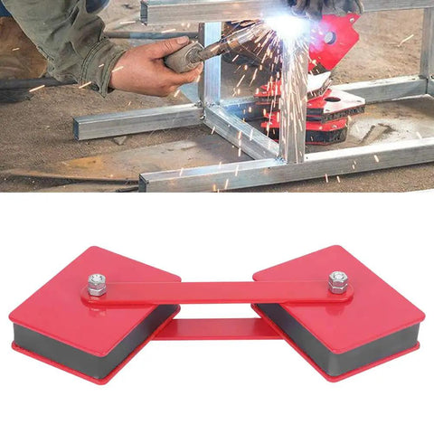 Heavy Duty Welding Magnet Holder Clamps Multi Angle Positioner Locator Tool For Electric Scribing Pipe Fabrication And Industrial Jobsites, red steel clamp in use.
