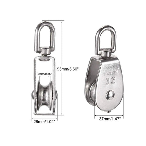 Cable Pulley Wheel Eight-Piece M32 Heavy Duty Stainless Steel Single Pulley Block Rigging Wheel With 360 Degree Swivel Hook For Crane Lifting Hauling And Industrial Use, 93mm