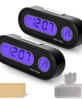 Pack of 2 black digital car dashboard clocks with purple LCD backlight displaying time and temp, includes mounts.