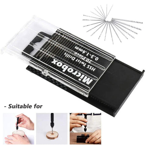 20 Piece HSS Mini Drill Bit Set 0.3mm To 1.6mm Shank Twist Drill Bits for Precision DIY Projects in storage box with detail images