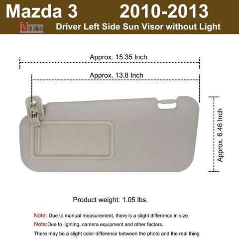 Left Driver Side Sun Visor For Mazda 3 2010 2011 2012 2013 Plug And Play Direct Replacement No Light Beige Interior Shield
