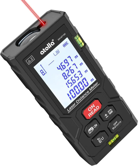 Go-To Laser Distance Meter, 196 Ft Range, Bubble Level, Area, Volume, And Pythagorean Modes, Real-Time Updates Every 0.5 Seconds, Handy Pro-Grade Tool For Home Improvement, Renovations, And DIY Projects. Black handheld laser distance meter with digital display and bubble level.