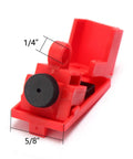 Close-up of red circuit breaker lockout device showing 1/4" and 5/8" dimensions, part of 10 Pack Universal Circuit Breaker Lockout Devices For Single Pole Breakers Clamp Style Lockout Tagout Kit Go To Lockout Gear For 120 To 270 Volts OSHA Compliant Durable Electrical Lockout Set With Lifetime Warranty.