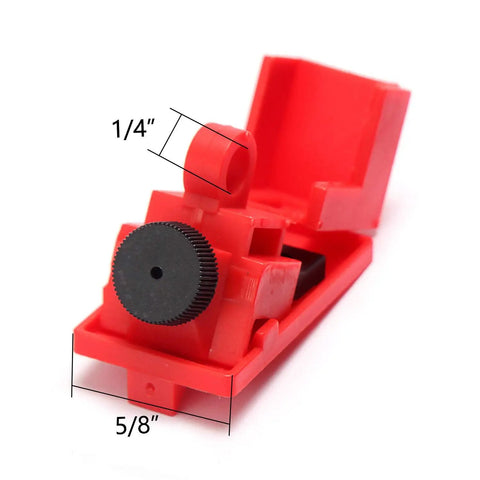 Close-up of red circuit breaker lockout device showing 1/4" and 5/8" dimensions, part of 10 Pack Universal Circuit Breaker Lockout Devices For Single Pole Breakers Clamp Style Lockout Tagout Kit Go To Lockout Gear For 120 To 270 Volts OSHA Compliant Durable Electrical Lockout Set With Lifetime Warranty.
