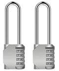 Two silver five inch ultra long shackle combination padlocks with 3.2 inch shackles and side windows for luggage lockers gates storage