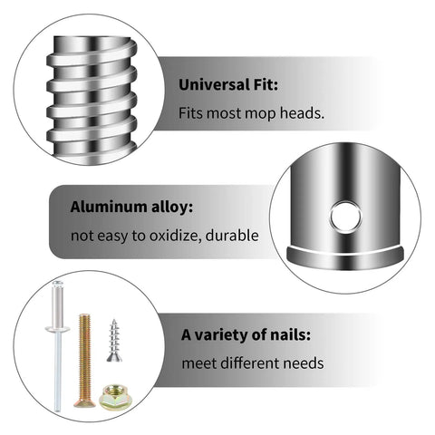 Image showing components of the Two Pack Threaded Tip Replacement Kit for Mop and Broom Poles Ultra Durable Metal Handle Tips With 1 Inch Thread Easy Install Extension Pole Adapter For Wood Or Metal Poles Great For Home Cleaning Tools, including a threaded tip, aluminum alloy durability, and various screws.
