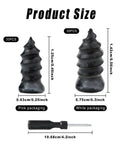 60 Piece Screw In Tire Repair Plugs Kit With Box And Driver, showing dual-size rubber plugs and screwdriver dimensions.