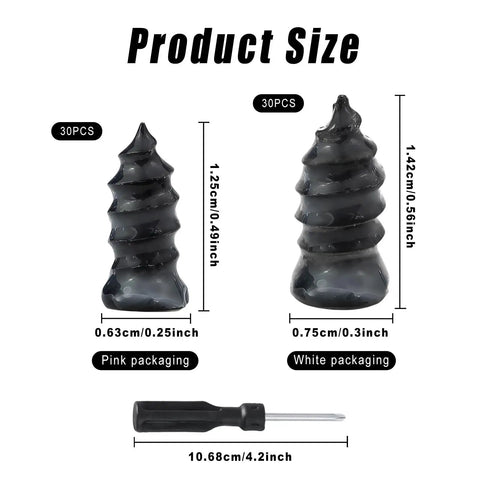 60 Piece Screw In Tire Repair Plugs Kit With Box And Driver, showing dual-size rubber plugs and screwdriver dimensions.