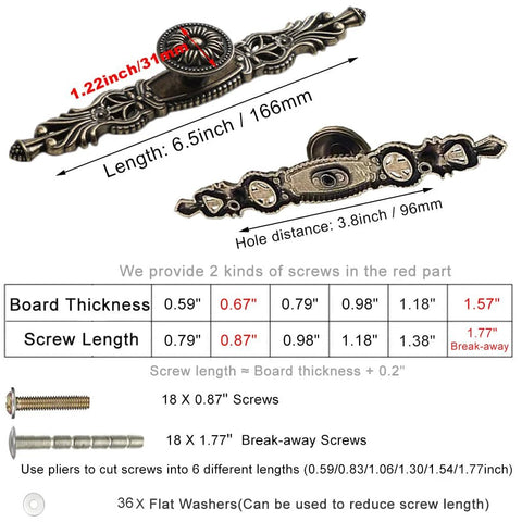 Antique Bronze Cabinet Pulls With Plate, 6.5 Inch Zinc Alloy Handles Set Of Six With Screws and Measurements Diagram